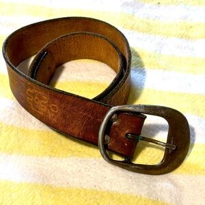 Vintage Brown Leather Belt with Tribal Design and Metal Buckle